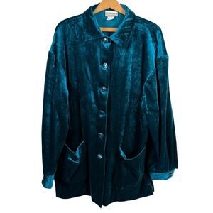 Vintage 90s Coldwater Creek Women Velvet Jacket Blazer Large Teal Whimsigoth